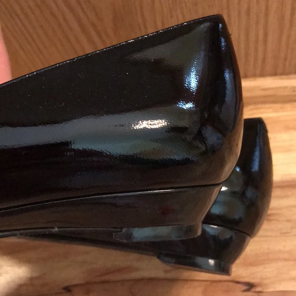 Enzo Angiolini 8-1/2 black patent leather bow ballerina mini wedge flats EUC